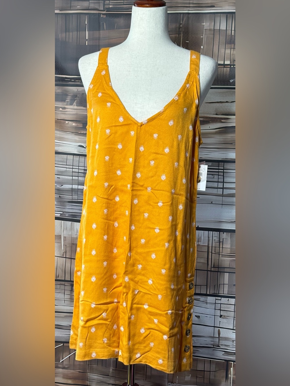 ONeill NWT Mustard Yellow Floral Button Hem Strappy Cover Up Dress Large